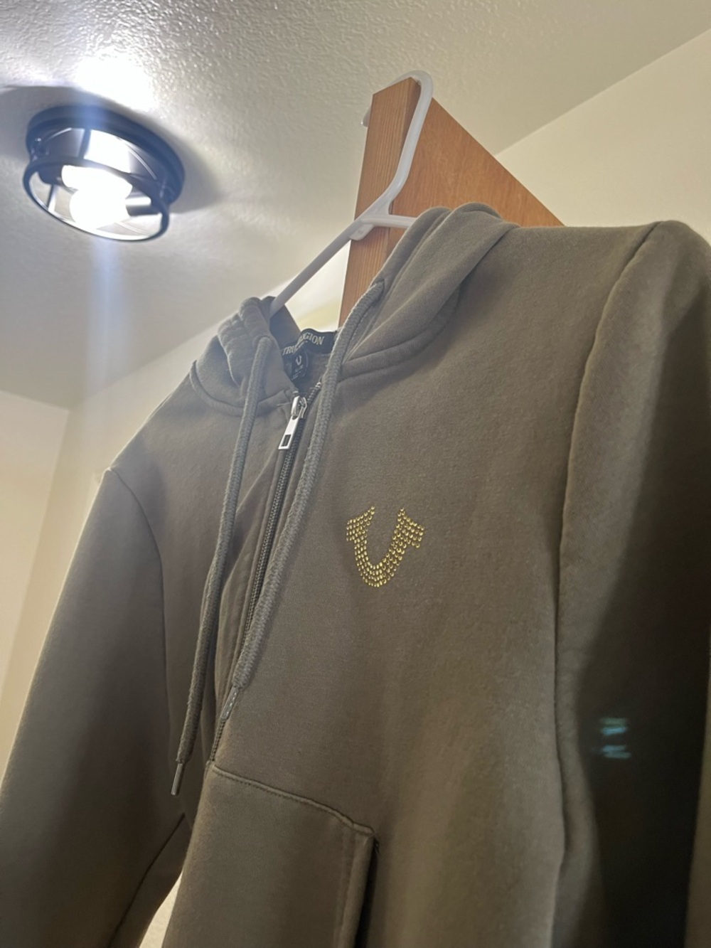 True Religion Olive Zip Hoodie with Rhinestone Logo